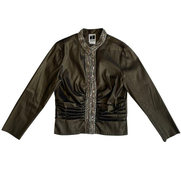 Tadashi Evening Jacket Brown Beaded Trim Ruched Crop Jacket Size 16 - Picture 2 of 15